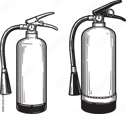 Two Fire Extinguishers in Black and White Isolated on White Back
