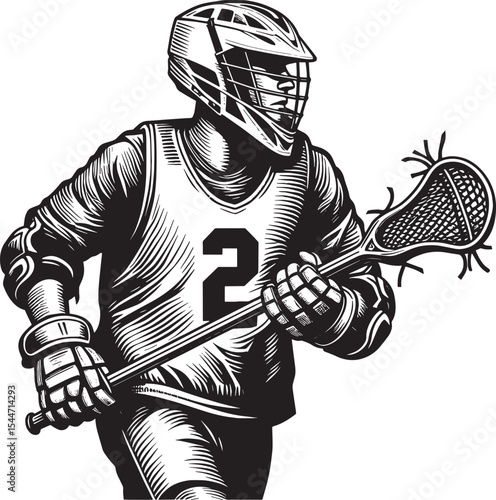 Dynamic monochrome depiction of a lacrosse player in classic woo