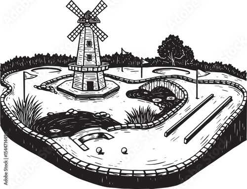 Black and White Illustration of a Mini Golf Course with a Windmi