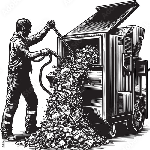 Illustration of a worker feeding waste into an industrial incine