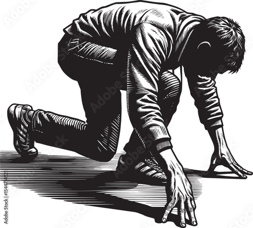 Monochrome Woodcut Illustration of Man Crouching in Starting Pos