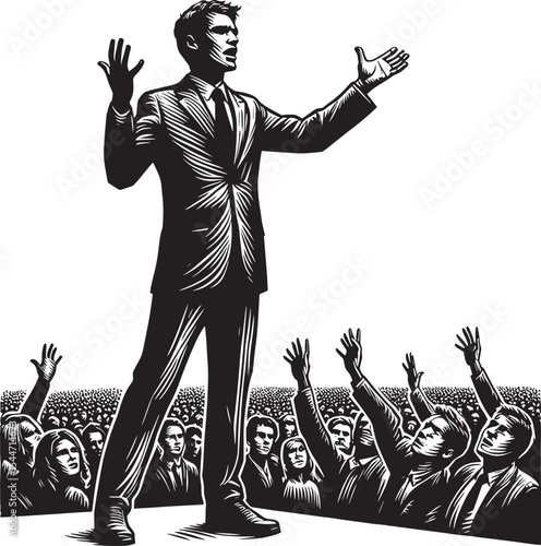 Charismatic leader inspiring audience with powerful speech and v