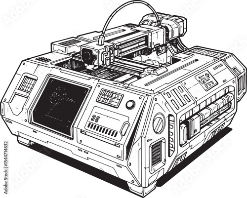 Detailed Illustration of a Futuristic 3D Printer in Black and Wh