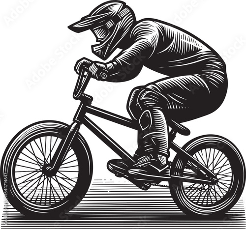 Dynamic woodcut illustration of a male BMX racer, isolated on wh