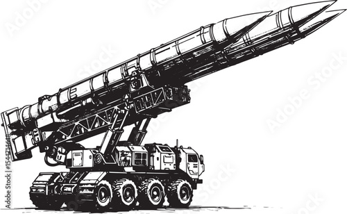 Illustration of a Mobile Ballistic Missile System, Black and Whi