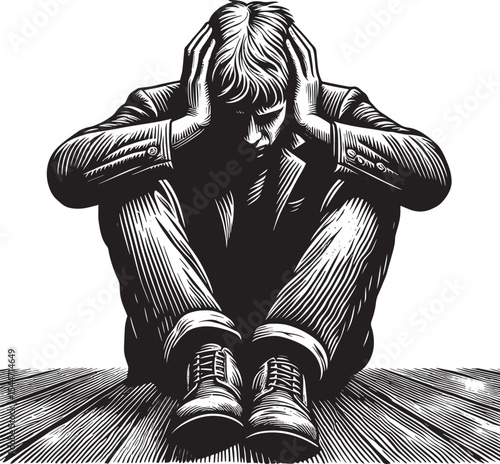 Man shielding ears from intense sounds illustration, mental heal