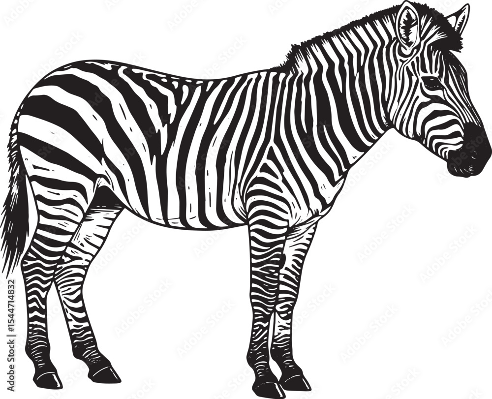 Fototapeta premium Detailed black and white illustration of a zebra standing on a w