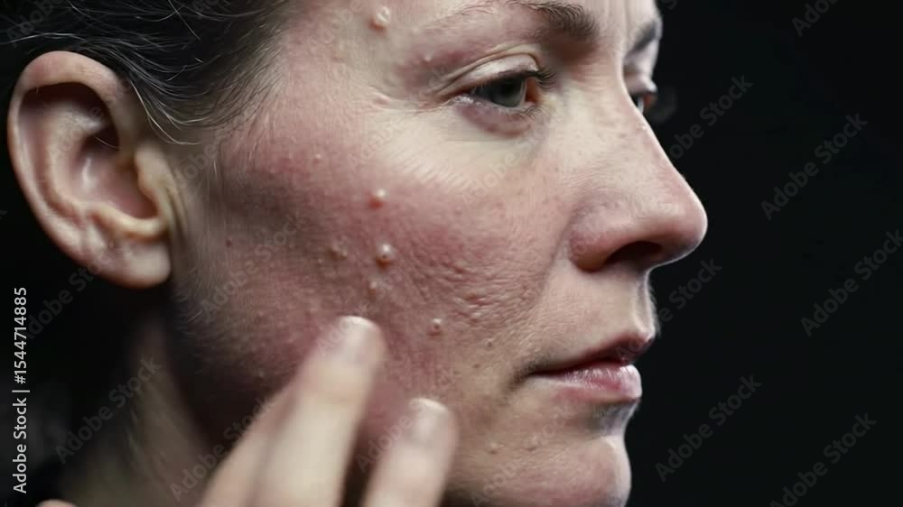 A close-up portrait of a woman touching her blemished skin. A close-up portrait of a woman touching her blemished skin.
