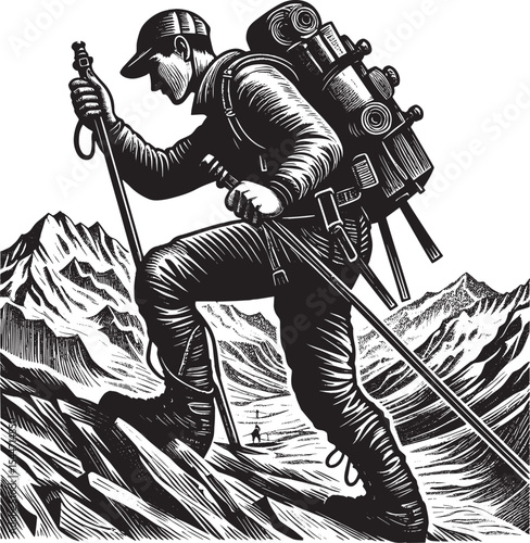 Woodcut Style Illustration of a Mountaineer Conquering a Mountai