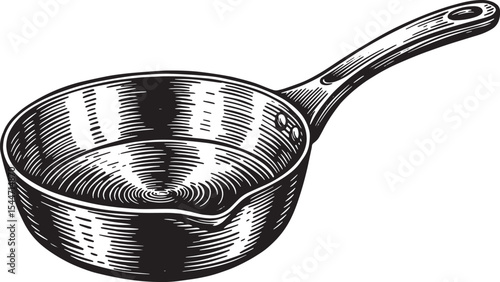 Vintage kitchen saucepan illustration in black and white on a wh