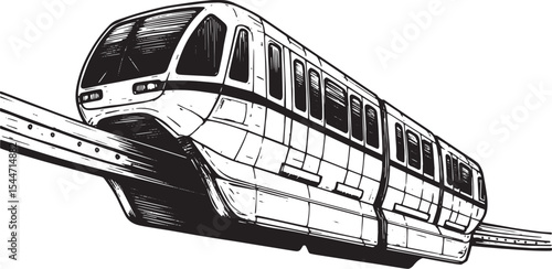 Monorail Train Illustration in Black and White on White Backgrou