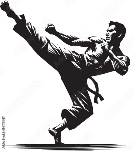 Dynamic woodcut illustration of a martial artist executing a pow