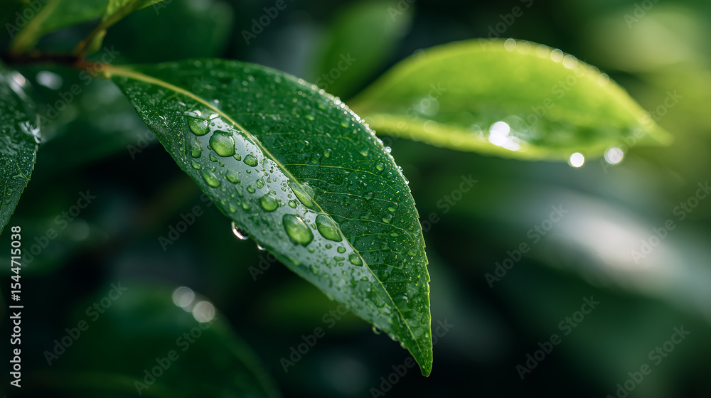 Fototapeta premium Dew on Leaf in Early Morning Macro Close-Up