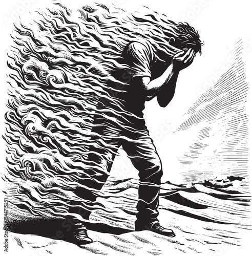 Surrendering to Despair: A Man Engulfed by Abstract Emotional Tu