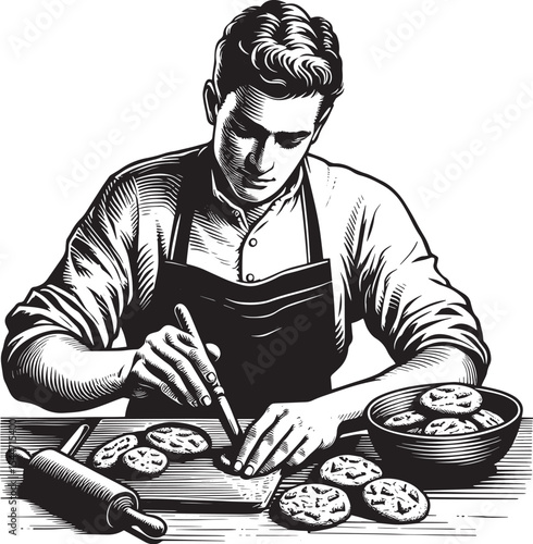 Monochrome Baker Preparing Cookies with Utensils in Woodcut Styl