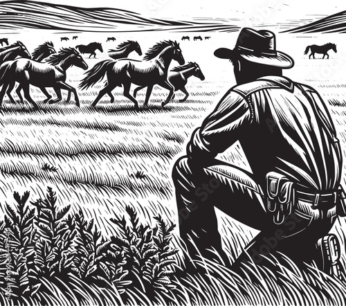 Lone figure observes galloping horses in a vast prairie landscap
