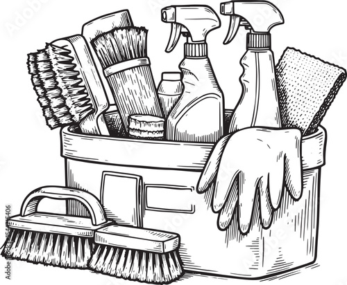 Illustration of cleaning supplies in a bucket on a white backgro