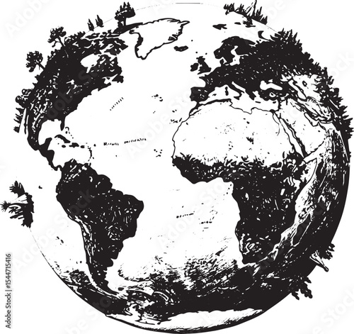 Detailed Black and White Illustration of the Earth with Trees on