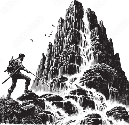 Adventurous journey: A hiker traverses a waterfall's rugged base