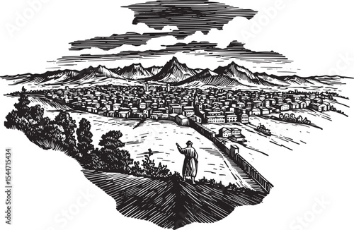 Engraved illustration of a historic city with mountains and a fi
