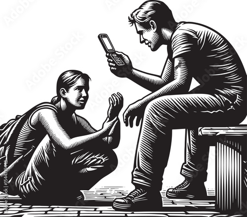 Tutorial in the park: Man showing flip phone usage to a young wo