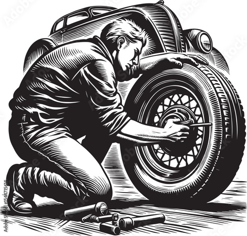 Vintage car repair scene depicting mechanic tightening wheel lug