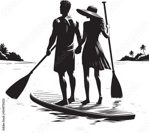 Romantic escape: Couple paddleboarding on a vibrant turquoise la