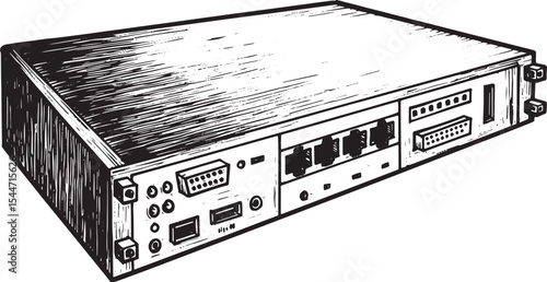 Detailed line art illustration of a network router server equipm