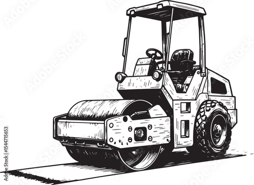 Detailed Black and White Illustration of a Road Roller Compactin