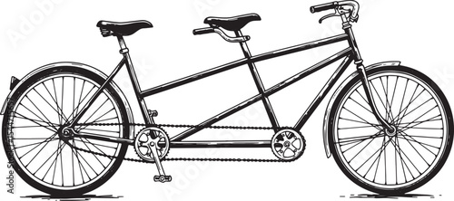Black and white illustration of a tandem bicycle on a white back