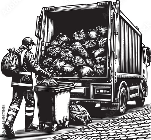Dedicated sanitation worker collecting waste with truck, woodcut
