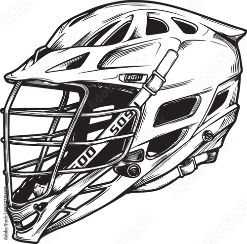 Detailed black and white illustration of a lacrosse helmet for s