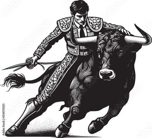 Courageous Matador Confronts Powerful Bull in Bold Woodcut Illus