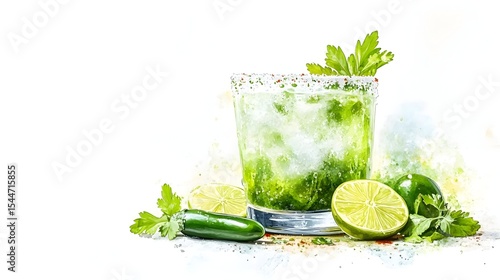 Cilantro Lime Margarita Cocktail Watercolor, Drink,  White Background