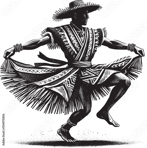 Dynamic cultural dance illustration in woodcut style featuring i