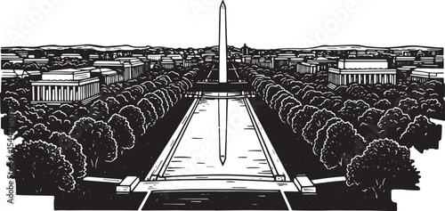 Black and white illustration of washington dc monument and surro