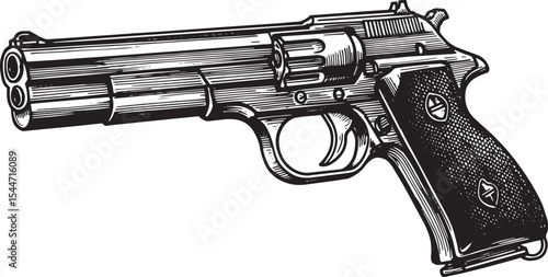 Detailed Hand-Drawn Illustration of a Revolver Pistol Weapon Iso