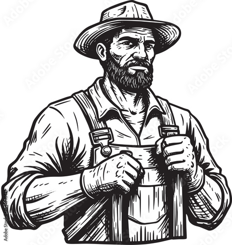Black and White Illustration of a Farmer with a Beard and Hat