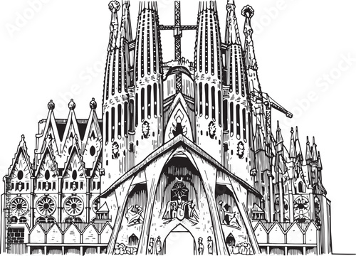 Black and white illustration of Sagrada Familia in Barcelona, Sp