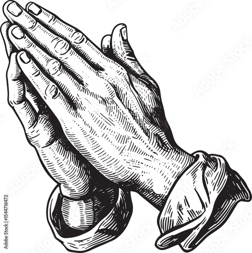 Praying hands illustration in vintage engraving style, isolated