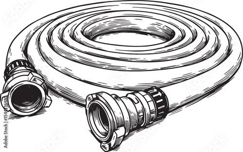 Detailed black and white illustration of a coiled fire hose with