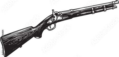 Detailed Black and White Illustration of a Vintage Rifle Isolate