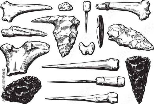 Hand-drawn illustration of ancient tools and artifacts isolated