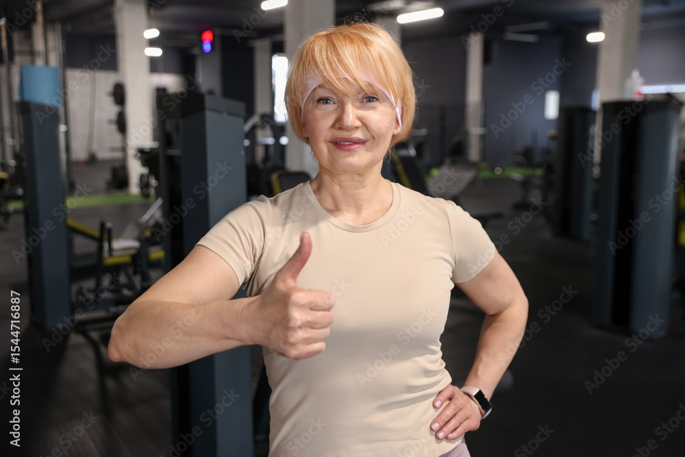 Fototapeta premium Senior woman showing thumbs up in gym