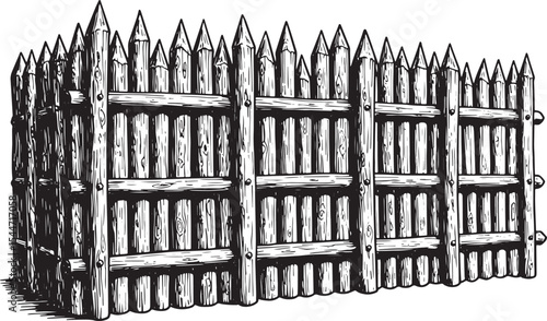 Detailed Black and White Illustration of a Wooden Palisade Fence