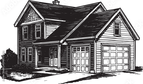 Detailed black and white illustration of a residential house wit
