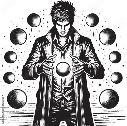A mysterious man manipulating glowing orbs, surrounded by cosmic