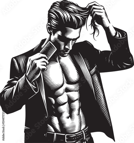 Stylized illustration of a muscular man combing his hair in slee