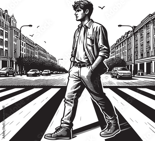 Monochromatic illustration of a thoughtful man crossing the urba
