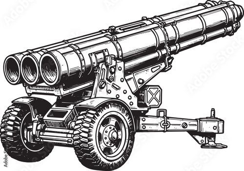 Detailed black and white illustration of a multiple rocket launc
